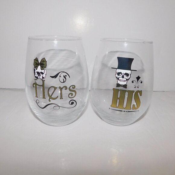 Set 2 Stemless Wine Glasses Tumblers His Her Skeleton Theme - Picture 1 of 4